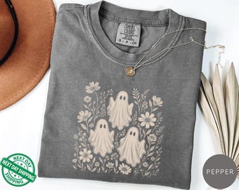 Preppy Halloween Ghost Shirt, Cute Ghost Wildflower Tee, Girly Boo Halloween Shirt, Aesthetic Spooky Season