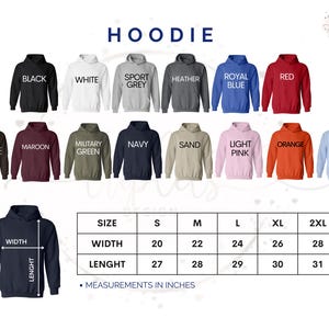 a collection of hooded sweatshirts in various colors and sizes, along with a size chart indicating the measurements in inches.