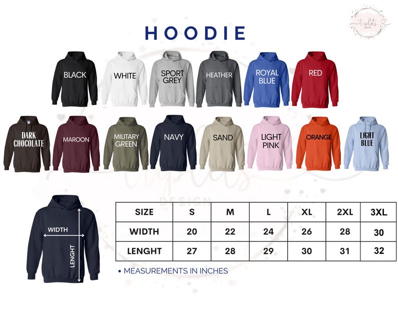 a collection of hooded sweatshirts in various colors and sizes, along with a size chart indicating the measurements in inches.