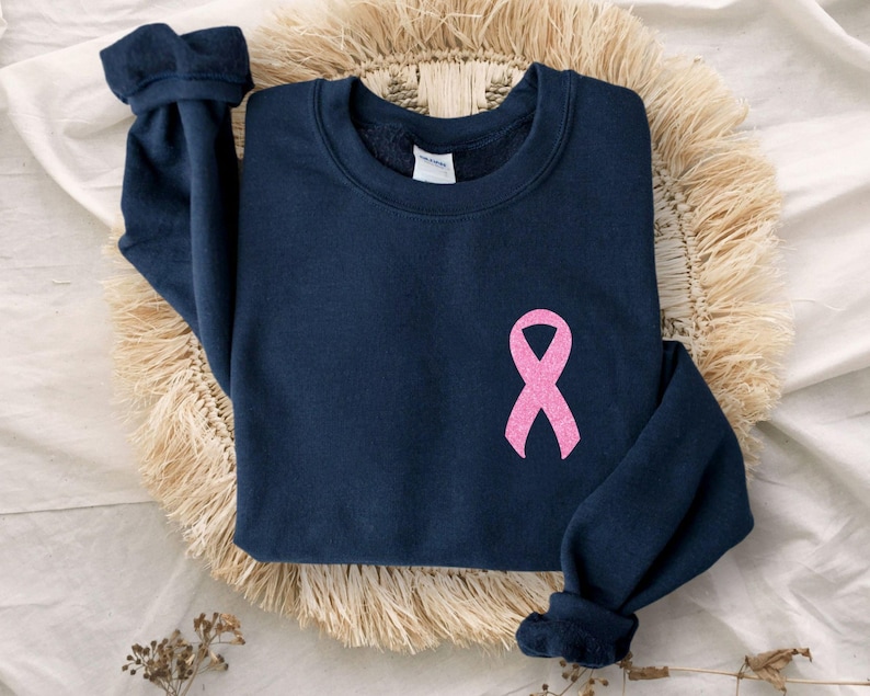Pink Faux Glitter Ribbon Sweatshirt, Breast Cancer Sweatshirt, Cancer Survivor Sweater, Breast Cancer Awareness Hoodie, Women Gift Bild 2