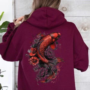 Cozy Vintage Japanese Koi Fish Hoodie Nautical Animal Asian Art Nouveau Japan Sweater Pond Top Urban Unisex Spring Sweater Tokyo Style image 6