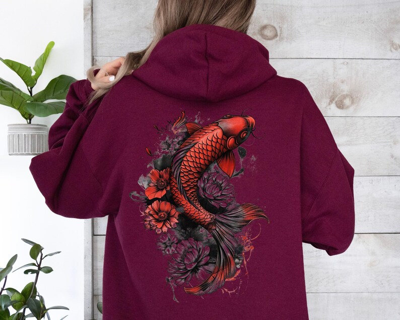 Cozy Vintage Japanese Koi Fish Hoodie Nautical Animal Asian Art Nouveau Japan Sweater Pond Top Urban Unisex Spring Sweater Tokyo Style image 6