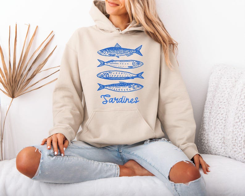 Sardines Sweatshirt, Fish Crewneck, Vintage Sardine, Coastal Aesthetic, Fish Sweater, Retro European,Foodie Hoodie,Travel Sweater,Preppy Top image 6