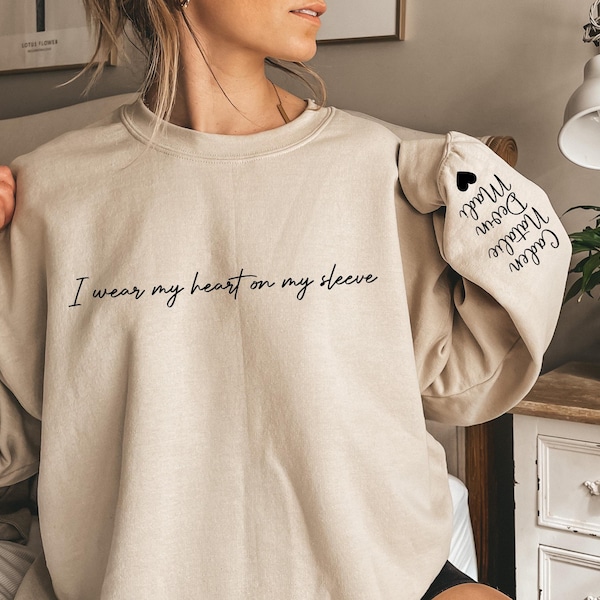 I Wear My Heart On My Sleeve Sweatshirt and Hoodie, Gift for Mom, Custom Mama Sweatshirt with Children Name on Sleeve, MothersDay Gift