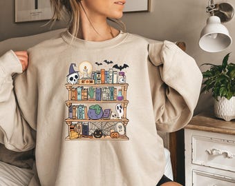 Sudadera retro de Halloween con fantasmas leyendo libros, regalo de Halloween para profesores y bibliotecarios, camiseta de moda de temporada espeluznante, regalo para amantes de los libros de Halloween