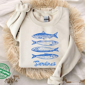 Sardines Sweatshirt, Fish Crewneck, Vintage Sardine, Coastal Aesthetic, Fish Sweater, Retro European,Foodie Hoodie,Travel Sweater,Preppy Top