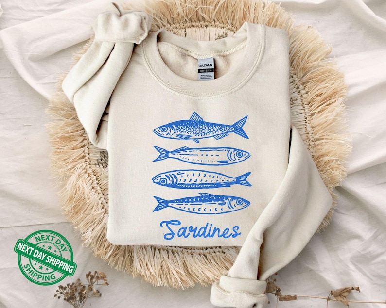 Sardines Sweatshirt, Fish Crewneck, Vintage Sardine, Coastal Aesthetic, Fish Sweater, Retro European,Foodie Hoodie,Travel Sweater,Preppy Top
