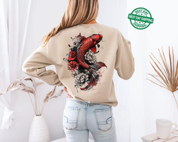 Cozy Vintage Japanese Koi Fish Hoodie Nautical Animal Asian Art Nouveau Japan Sweater Pond Top Urban Unisex Spring Sweater Tokyo Style
