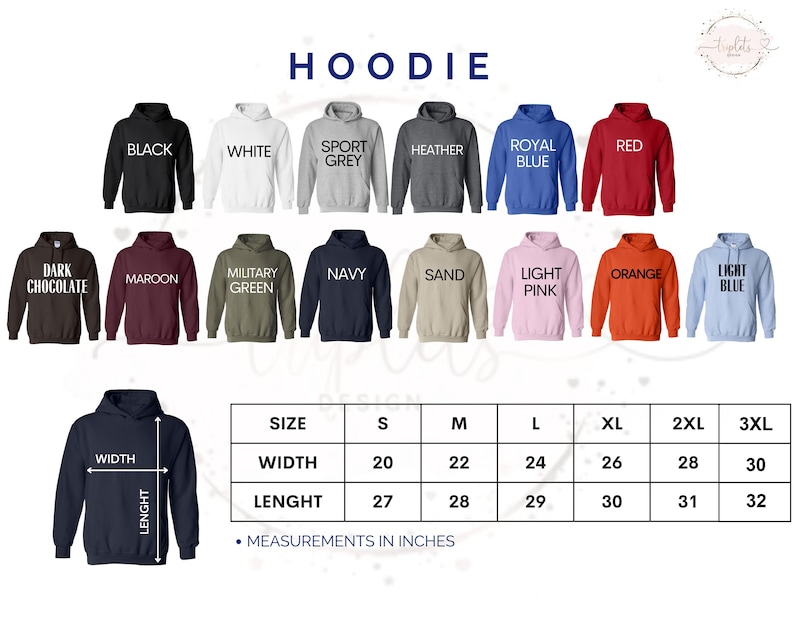 a collection of hooded sweatshirts in various colors and sizes, along with a size chart indicating the measurements in inches.