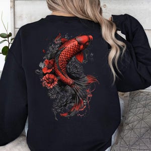 Cozy Vintage Japanese Koi Fish Hoodie Nautical Animal Asian Art Nouveau Japan Sweater Pond Top Urban Unisex Spring Sweater Tokyo Style image 5
