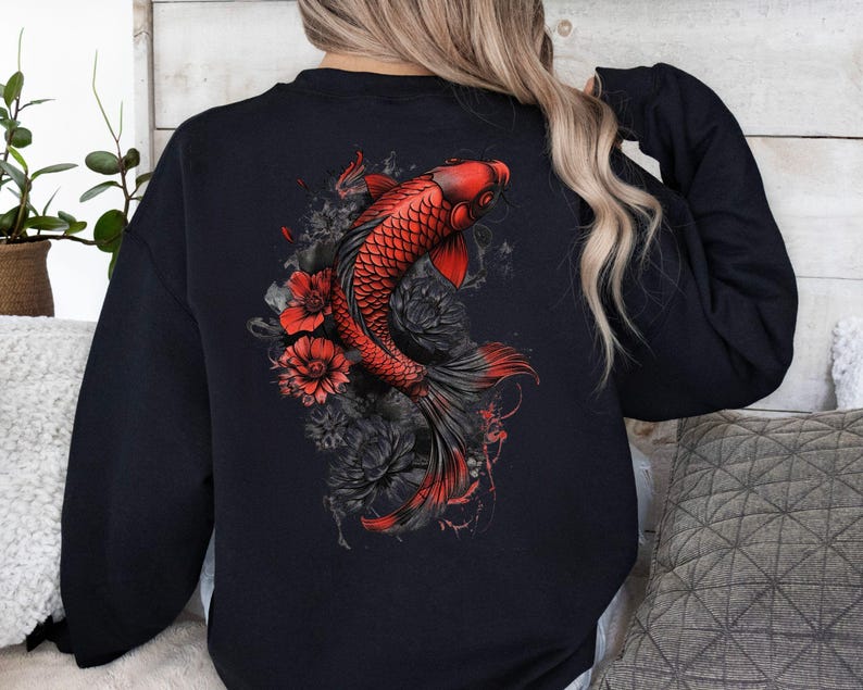 Cozy Vintage Japanese Koi Fish Hoodie Nautical Animal Asian Art Nouveau Japan Sweater Pond Top Urban Unisex Spring Sweater Tokyo Style image 5