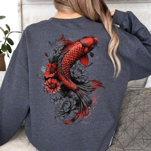 Cozy Vintage Japanese Koi Fish Hoodie Nautical Animal Asian Art Nouveau Japan Sweater Pond Top Urban Unisex Spring Sweater Tokyo Style image 3