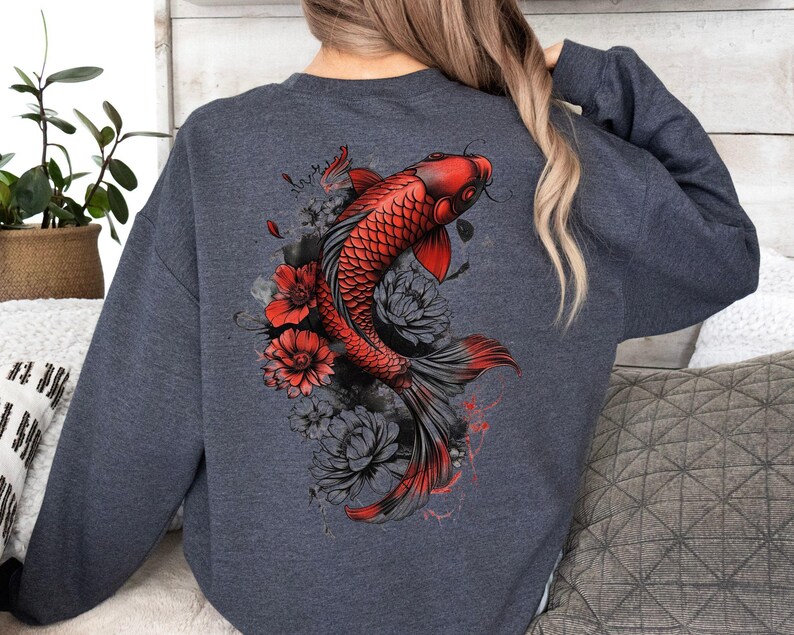Cozy Vintage Japanese Koi Fish Hoodie Nautical Animal Asian Art Nouveau Japan Sweater Pond Top Urban Unisex Spring Sweater Tokyo Style image 3
