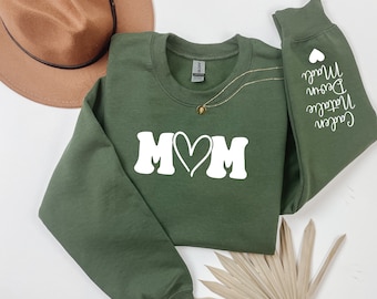 Personalized Mom Sweatshirt With Kids Name On Sleeve, Custom Mom Sweatshirt, Est Date Mom Hoodie, Christmas Gift for Mom, with kids names