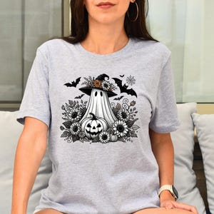 Halloween Shirt, Ghost With Flowers Pumpkin And Bats, Floral Spooky, Premium Unisex Shirt