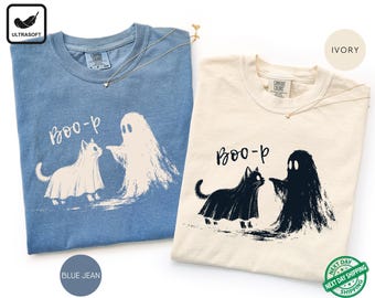 Boo-p Ghost Cat Comfort Colors T-Shirt, Funny Halloween Cat Mom Tee, Cute Spooky Cat Shirt