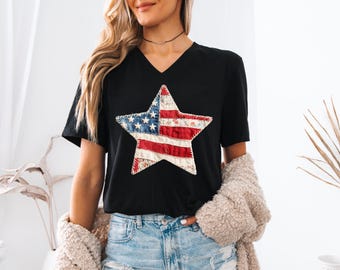 Faux Patchwork Shirt Star USA Flag 4th of July T-Shirt, USA American Flag Independence Day Shirt