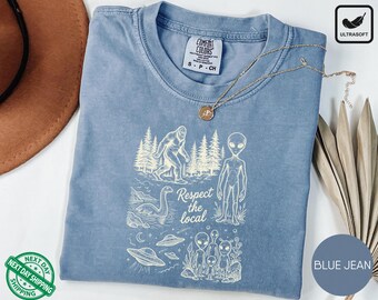 Comfort Colors® Cryptid Respect the Locals Tee, Bigfoot Mothman Alien Shirt, Nature Lover Gift, Graphic T-Shirt
