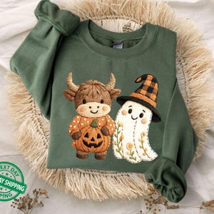 Faux Embroidery Cute Fall Highland Cow Ghost Sweatshirt, Halloween Spooky Season Sweater, Boo Ghost Sweater, Fall Pumpkin Hoodie, Cow Lover
