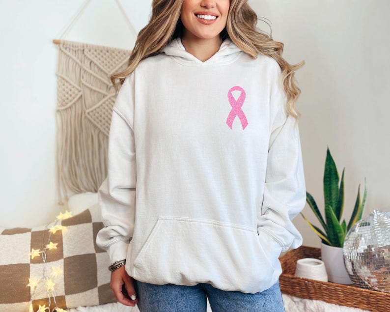 Pink Faux Glitter Ribbon Sweatshirt, Breast Cancer Sweatshirt, Cancer Survivor Sweater, Breast Cancer Awareness Hoodie, Women Gift Bild 5