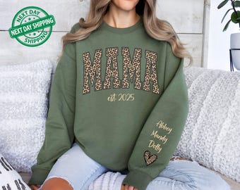 Custom Leopard Mama Sweatshirt With Kid Name On Sleeve, Personalized Mom Sweatshirt, Gift For Mom, Mothers Day Gift, Mama Est 2026 Hoodie