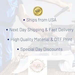 a person operating a machine that is likely used for printing or printing materials. The text highlights the company's shipping and delivery services, including ships from the USA, next-day shipping, fast delivery, high-quality material, and special day discounts.