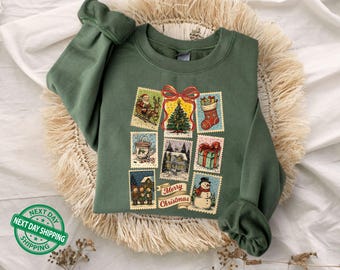 Vintage Christmas Stamp Sweatshirt, Retro Holiday Postage Collage, Cute Festive Winter Graphic, Trendy Christmas Hoodie, Gift for Christmas