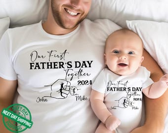 Our First Father’s Day Together T-Shirt, Personalized Dad Baby Matching Set, Custom Names Tee