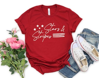 Stars and Stripes Shirt, Retro American Flag, 4th of July Shirts, Merica Shirt, Womens 4th of July, Memorial Day, Handmade printed