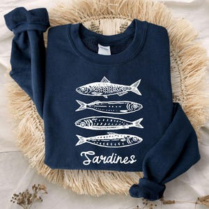 Sardines Sweatshirt, Fish Crewneck, Vintage Sardine, Coastal Aesthetic, Fish Sweater, Retro European,Foodie Hoodie,Travel Sweater,Preppy Top image 3