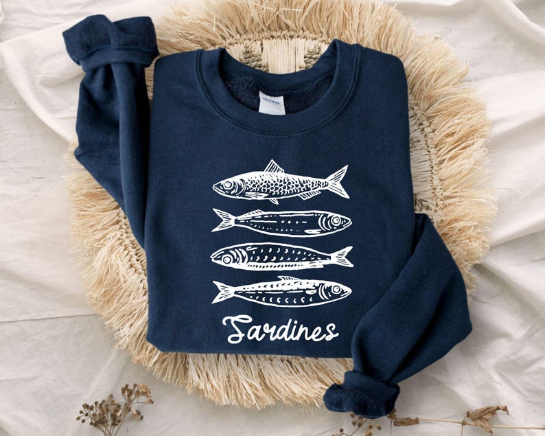 Sardines Sweatshirt, Fish Crewneck, Vintage Sardine, Coastal Aesthetic, Fish Sweater, Retro European,Foodie Hoodie,Travel Sweater,Preppy Top image 3