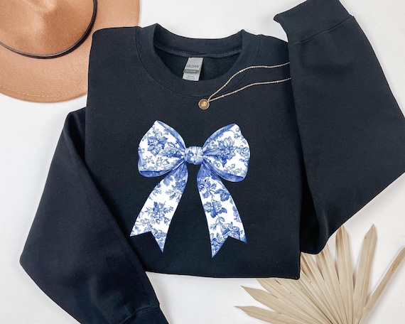 Toile De Jouy Coquette Bow Sweatshirt, Coquette Bow shirt  Blue Ribbon Sweater Girly Aesthetic