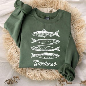 Sardines Sweatshirt, Fish Crewneck, Vintage Sardine, Coastal Aesthetic, Fish Sweater, Retro European,Foodie Hoodie,Travel Sweater,Preppy Top image 2