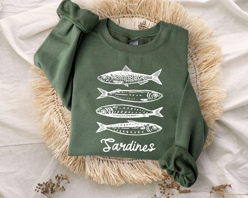 Sardines Sweatshirt, Fish Crewneck, Vintage Sardine, Coastal Aesthetic, Fish Sweater, Retro European,Foodie Hoodie,Travel Sweater,Preppy Top image 2