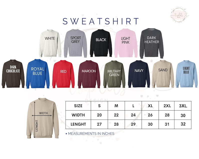 a collection of various colored sweatshirts, each with a different size listed below it. The sweatshirts are arranged in a grid format, with each row representing a different color and the columns representing the different sizes. The image also includes a table with measurements in inches for each size, providing a visual guide for the correct size to choose based on the color and style of the sweatshirt.