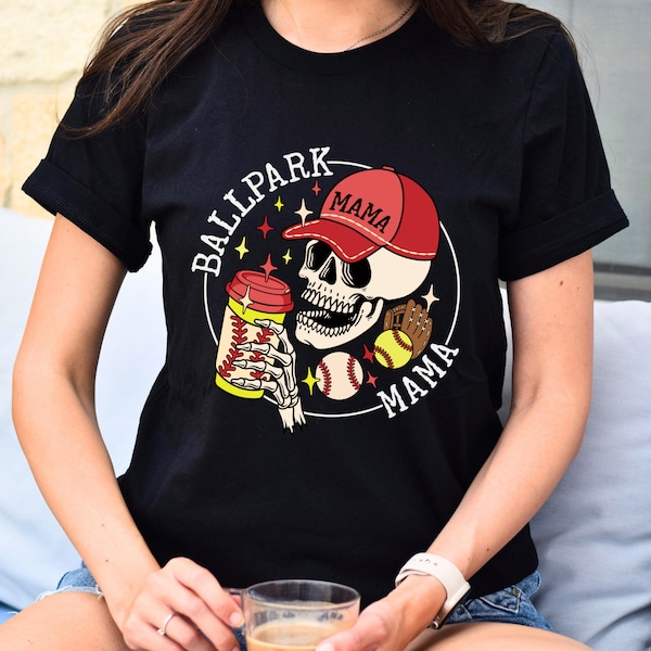 Ballpark Mama Shirt, Ballpark Mom Tshirt, Softball Skull Shirt, Softball Mama tshirt, Family Softball Tshirt, Skull Drink TShirt