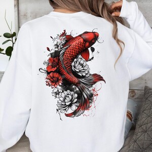 Cozy Vintage Japanese Koi Fish Hoodie Nautical Animal Asian Art Nouveau Japan Sweater Pond Top Urban Unisex Spring Sweater Tokyo Style image 4