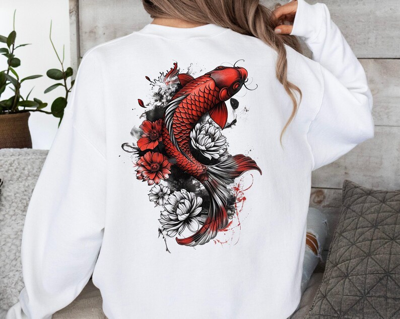 Cozy Vintage Japanese Koi Fish Hoodie Nautical Animal Asian Art Nouveau Japan Sweater Pond Top Urban Unisex Spring Sweater Tokyo Style image 4