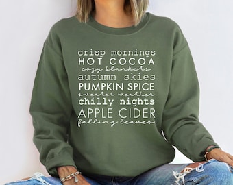 Fall Sweatshirt, Crewneck for Fall, Top for Autumn, Fall Words Crisp Mornings Hot Cocoa Cozy Blankets Autumn Skies, Women’s Fall Clothing