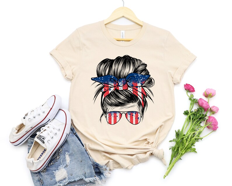 American Girl Shirt, Messy Bun Hair Shirt, 4th of July Shirt, Independence Day Shirt, 4th of July Gift for Woman, Independence Day Gift image 2