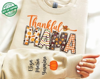Sudadera personalizada "Mamá agradecida" con el nombre de los niños en la manga, sudadera con capucha de Halloween para mamá de Acción de Gracias, regalo de Halloween para mamá, mamá personalizada