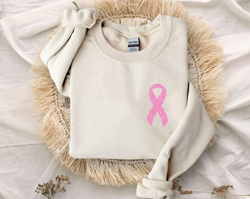 Pink Faux Glitter Ribbon Sweatshirt, Breast Cancer Sweatshirt, Cancer Survivor Sweater, Breast Cancer Awareness Hoodie, Women Gift Bild 3