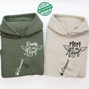 Customized Mom of An Angel and Dad of An Angel Hoodie, Personalized Baby Memorial Hoodie,Mourning Themed Name on Sleeve Sweatshirt for Women