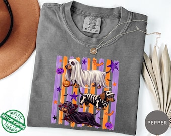 Halloween Dachshund Comfort Colors® T-Shirt, Pumpkin Tee, Spooky Season Wiener Dog Shirt