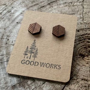 Wooden Stud Earrings, Hexagon Feather, Jewelry, Gift for Her, Walnut Wood,