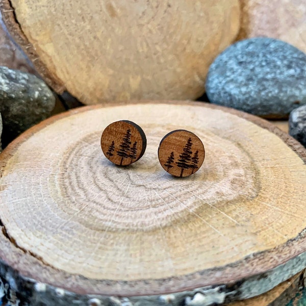 Wooden Stud Earrings, Laser Cut, Jewelry, Gift for Her, Alder Wood,