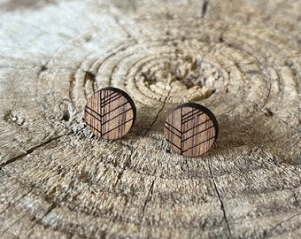 Round Feather Wooden Stud Earrings, Laser Cut, Jewelry, Walnut Wood