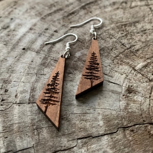 Wooden Dangle Earrings, Slope Spruce Tree, Laser Cut, Jewelry, Gift for Her, Black Walnut