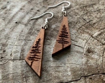 Wooden Dangle Earrings, Slope Spruce Tree, Laser Cut, Jewelry, Gift for Her, Black Walnut