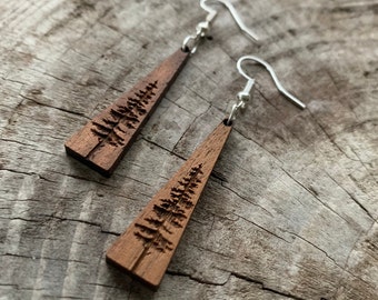 Wooden Dangle Earrings, Spruce Tree, Laser Cut, Jewelry, Gift for Her, Black Walnut